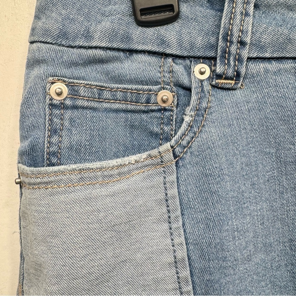 Patchwork Denim Y2K Frayed Fringe Raw Hem Mini Skirt No Boundaries NOBO Jeans - Picture 5 of 7